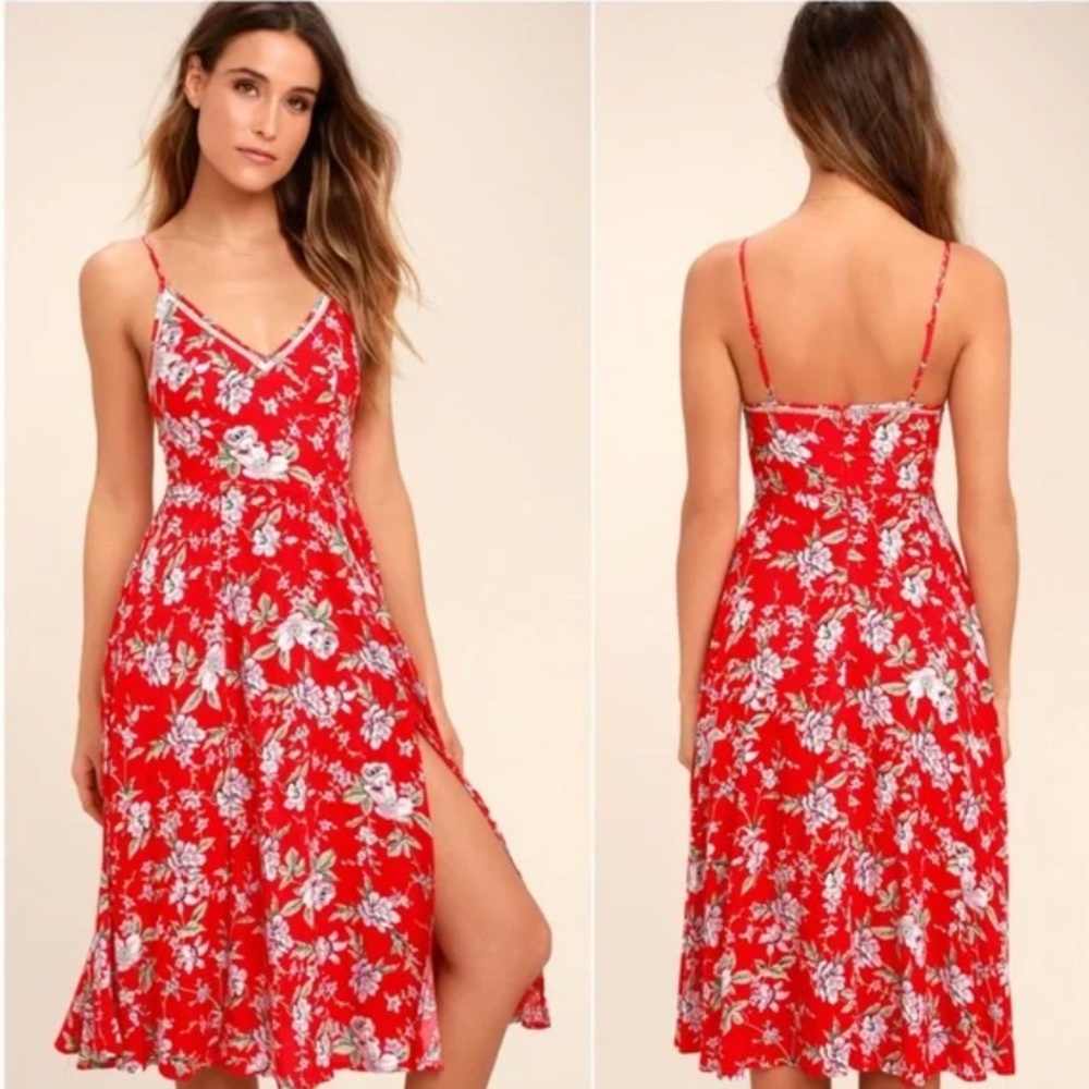 Lulu's Red Floral Print Midi Dress - Picture 2 of 9